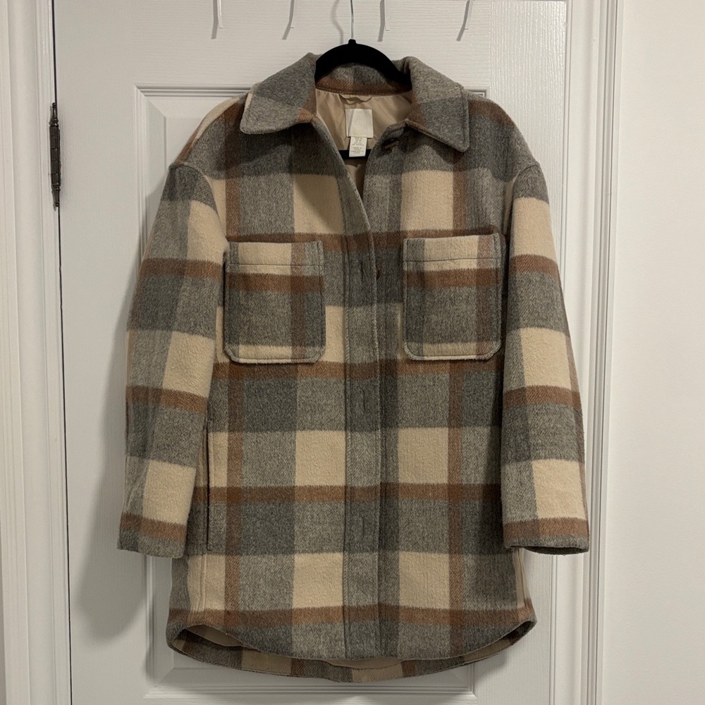 H&M Checkered Utility Jacket - Gray, Cream, Brown
